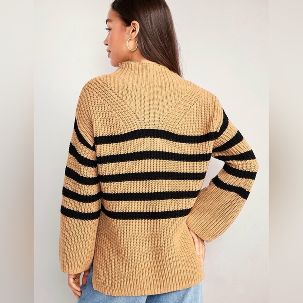 Old Navy Go-Recycled Tan Black Striped Mock-Neck Tunic Sweater Medium